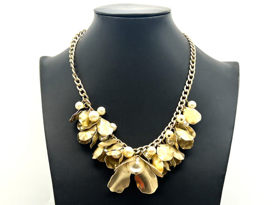 Vintage Per Una Gold Tone Floral Statement Necklace – Faux Pearl Detail, 17”