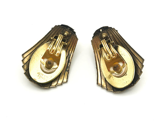 Signed ERMANI BULATTI Gold Tone Art Deco Style Fan Clip Earrings 1980s Vintage
