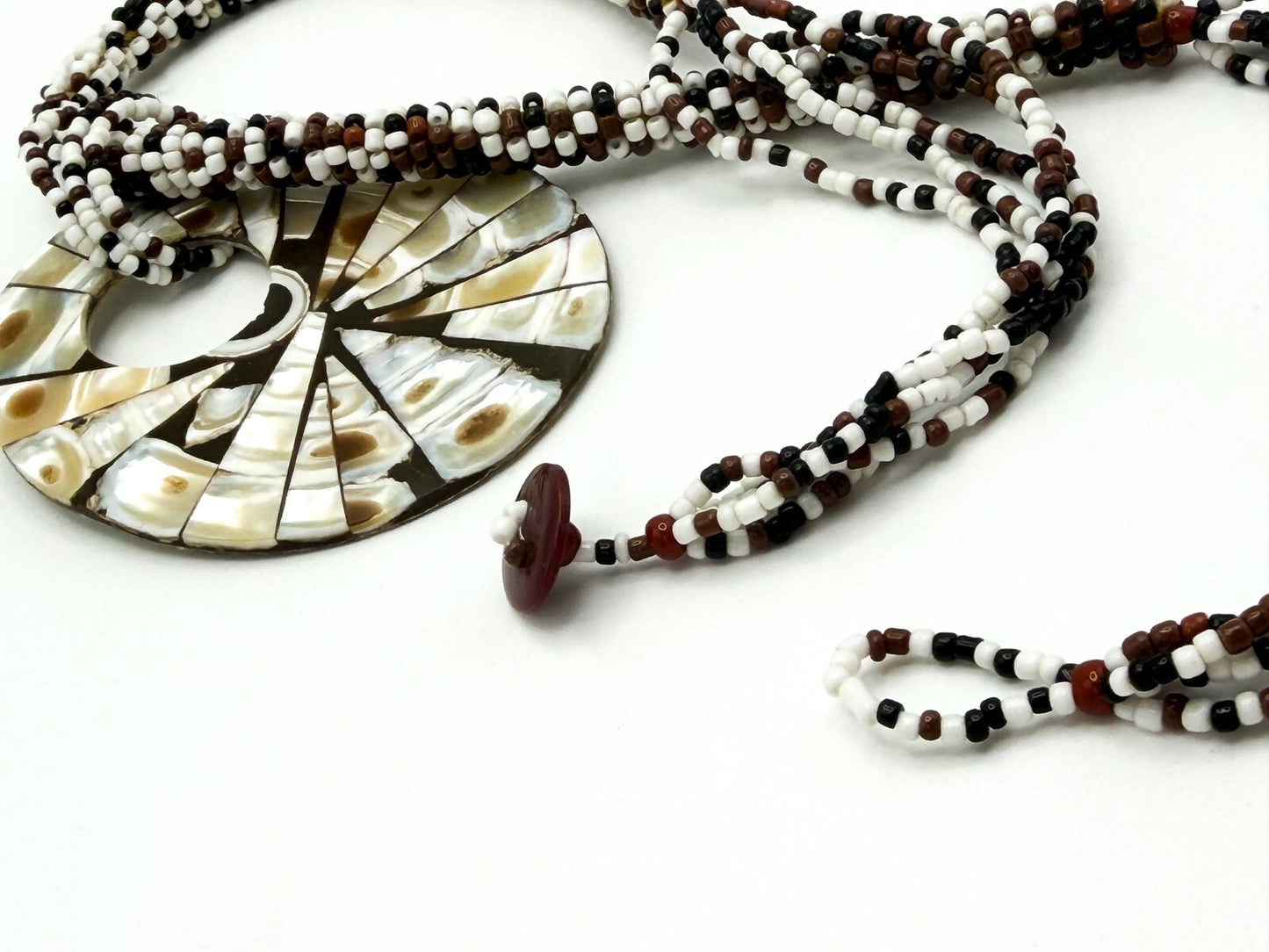 Five Strand Brown, White & Black Seed Bead Necklace with Shell Inlay Donut Penda