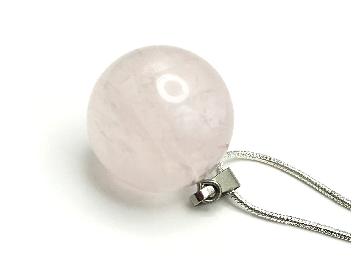 Rose Quartz Sphere Pendant Necklace on Silver Tone Snake Chain Semi Precious Gem