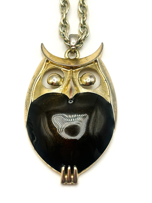 Gold Tone Owl Pendant Necklace with Brown Shimmer Enamel Belly