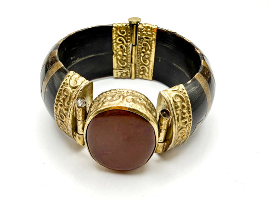 Vintage Horn, Brass and Agate Cuff, appx 18.5cm - red stone, gemstone, hinged