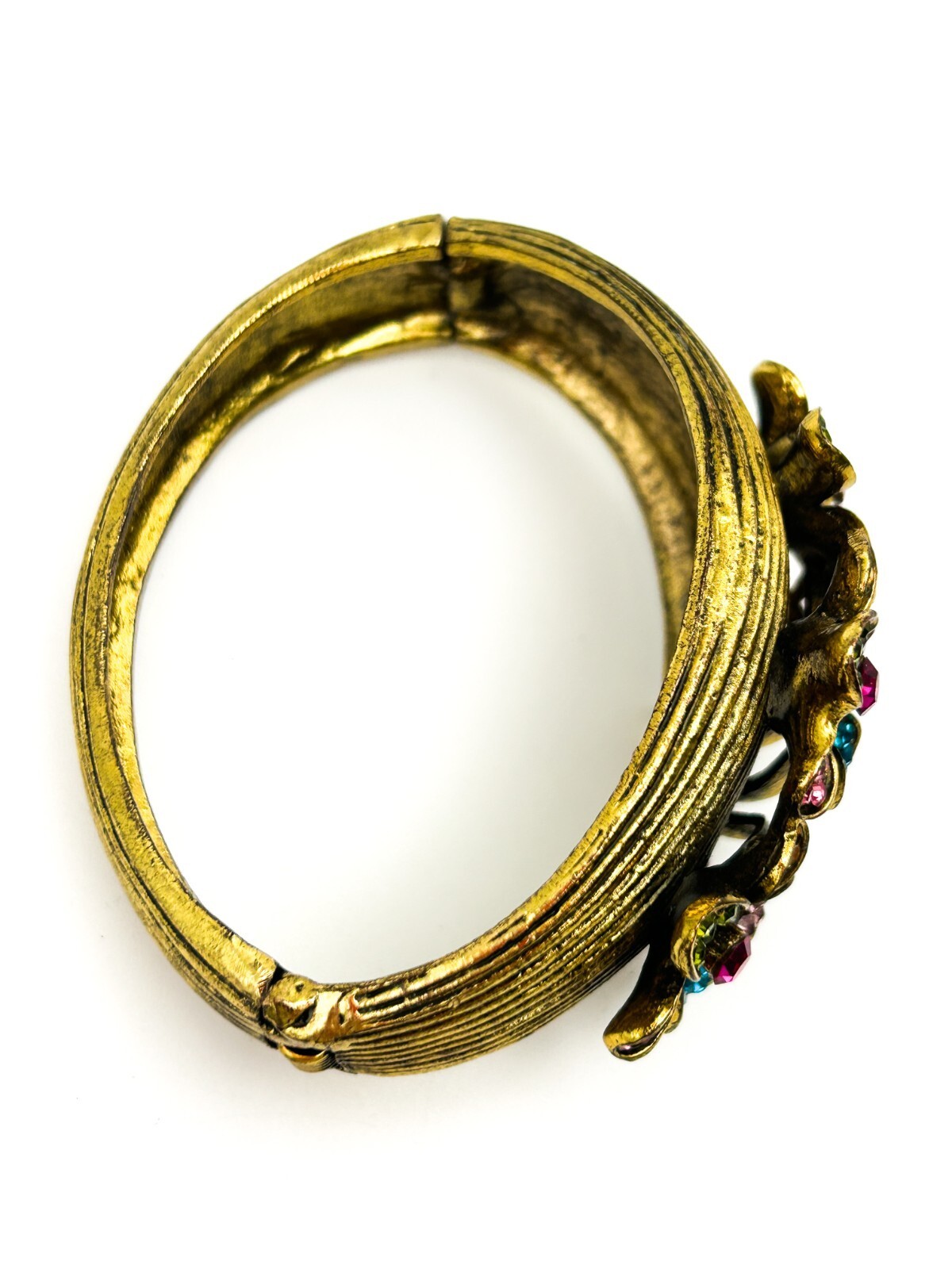 Antique Gold Tone Rhinestone Flower Clamper Bangle Pink Blue Green Bold Floral