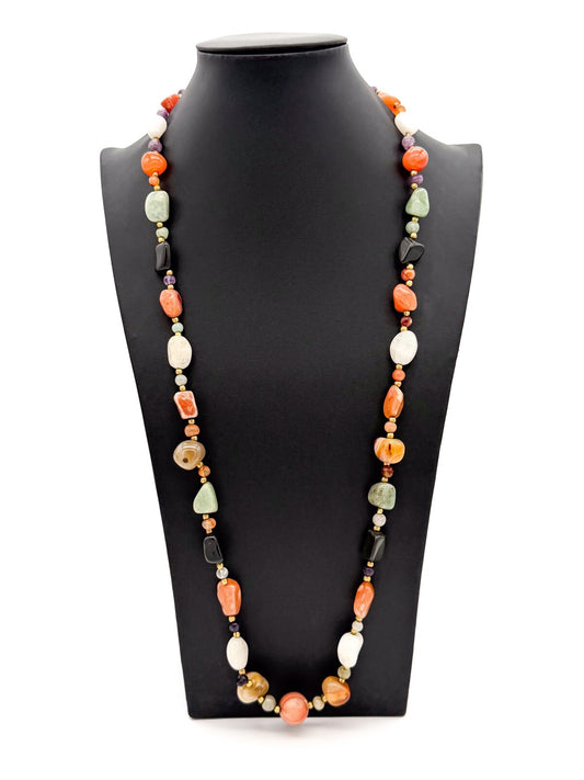 Vintage Mixed Gemstone Bead Necklace Long Multi Stone Agate Onyx Jadeite Quartz