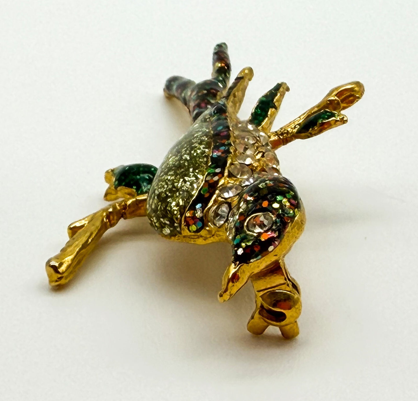Vintage Gold Tone Bird Brooch Green Glitter Resin Rhinestone Branch Pin