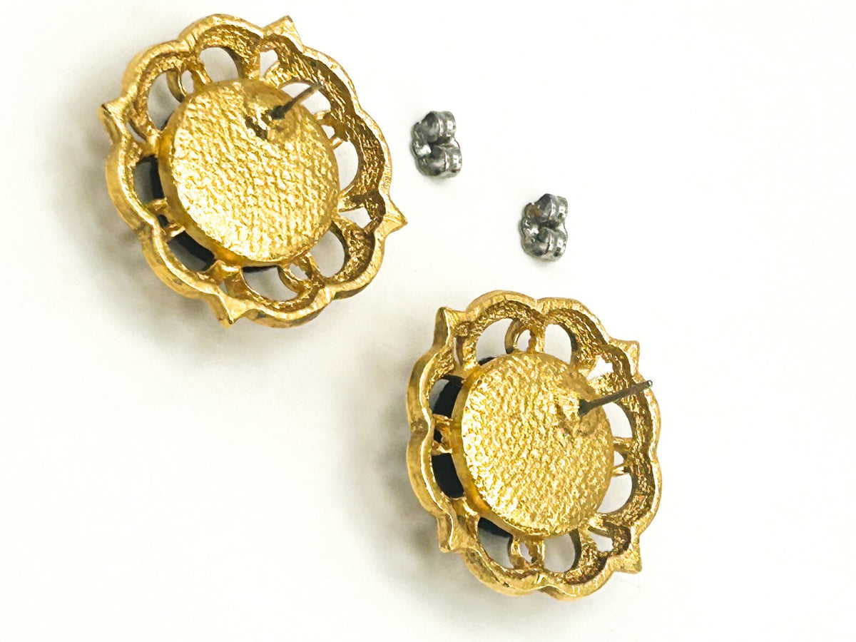 Black Velvet & Gold Tone Floral Stud Earrings – 3cm