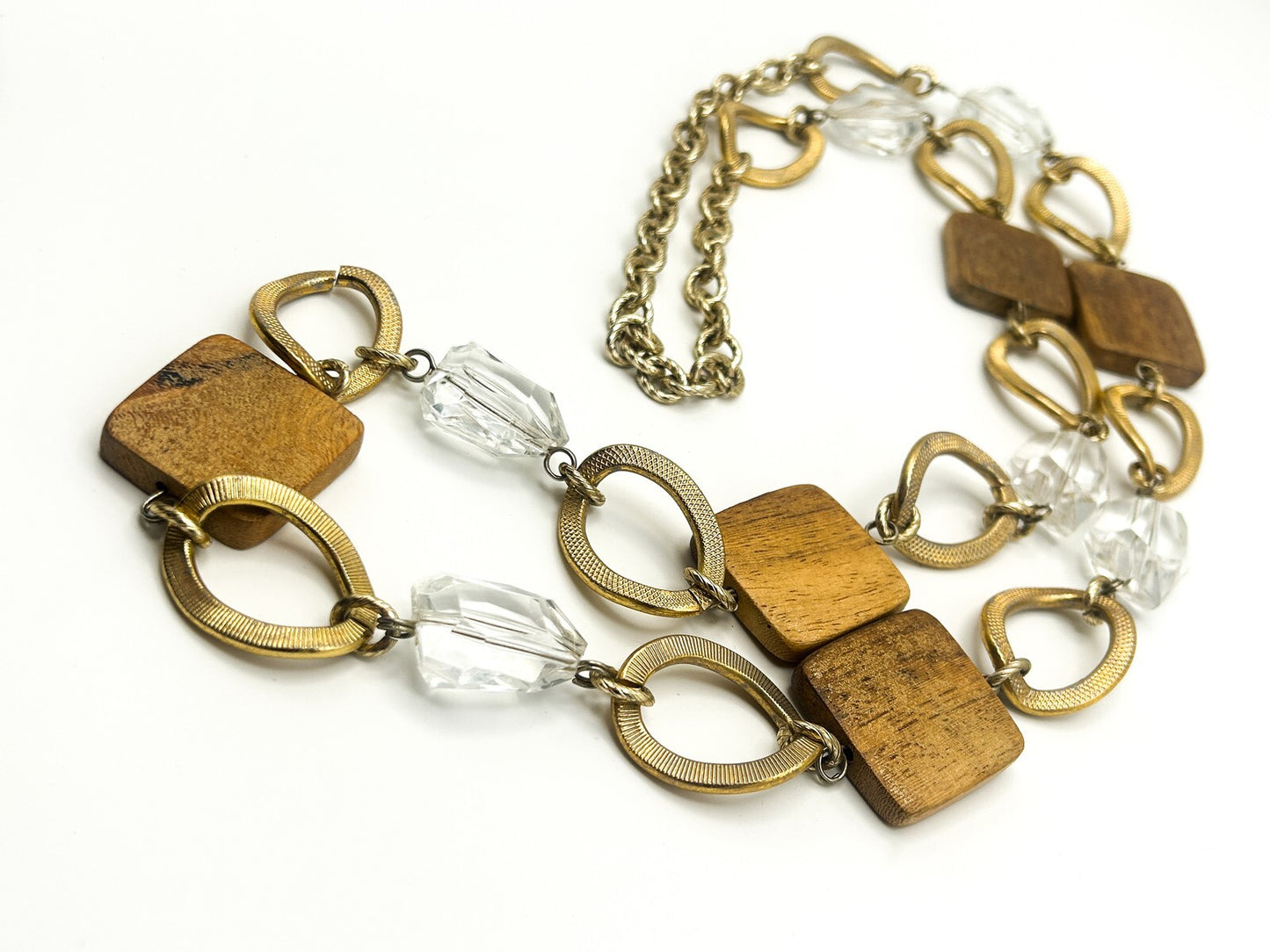 Long Linked Wood, Gold Tone & Clear Acrylic Statement Necklace