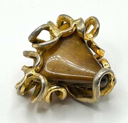Vintage Tigers Eye Gemstone Brooch Gold Tone Sculptural Modernist Statement Pin