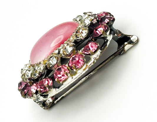 Vintage Pink Moonglow Brooch Rhinestone Halo Lucite Cabochon Pin