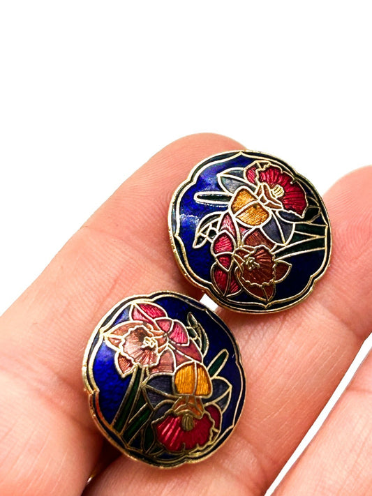 Vintage Cloisonné Floral Clip On Earrings – Blue Enamel Round Studs Red Flower