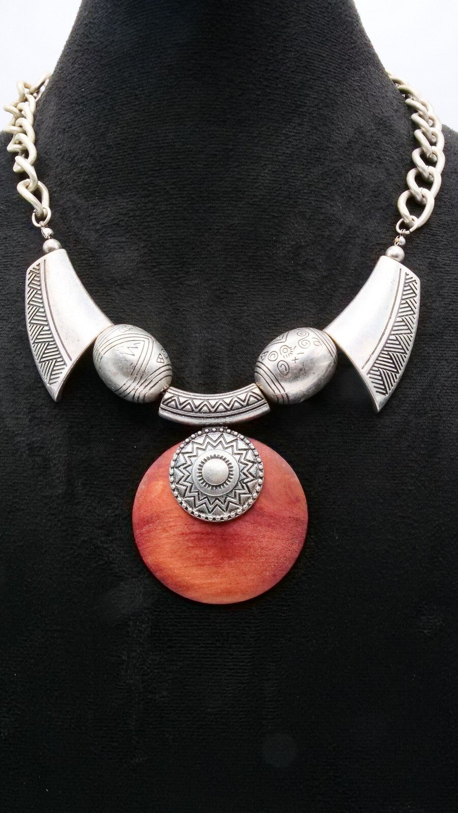 Boho Wood Disc & Silver Collar Statement Necklace