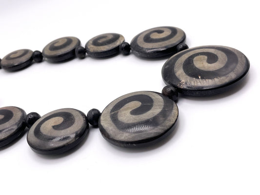 Swirled Black Wooden Disc Necklace - Boho Bohemian Circular Wood Chunky