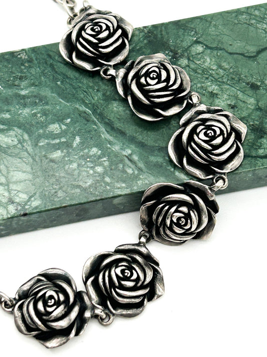 Miglio Silver Plated Rose Link Bracelet Statement Floral Bracelet