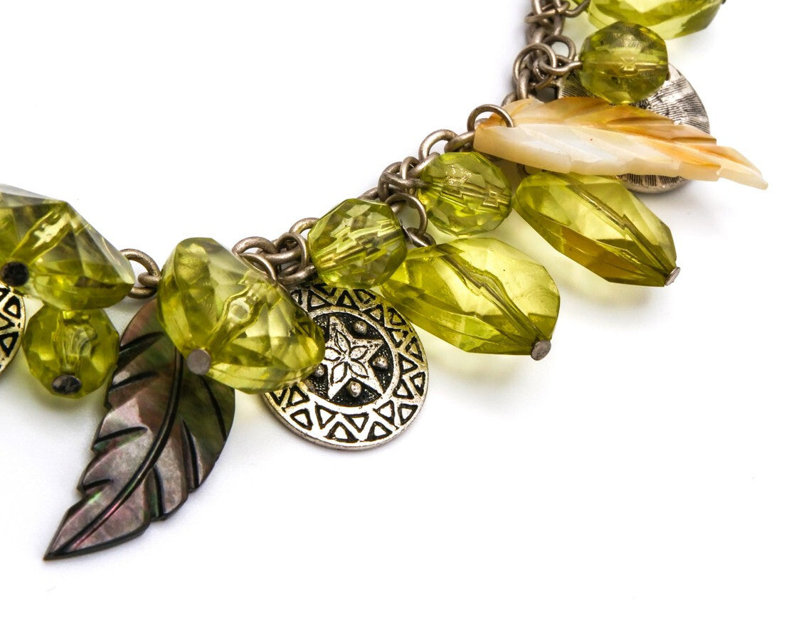 Green Hearts & Charms Choker – Silver Tone 18”