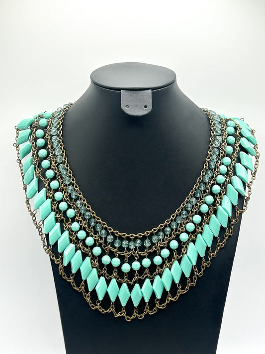 Spearmint 3 Layer Chain-Linked Art Deco inspired Statement Bib Necklace - Blue