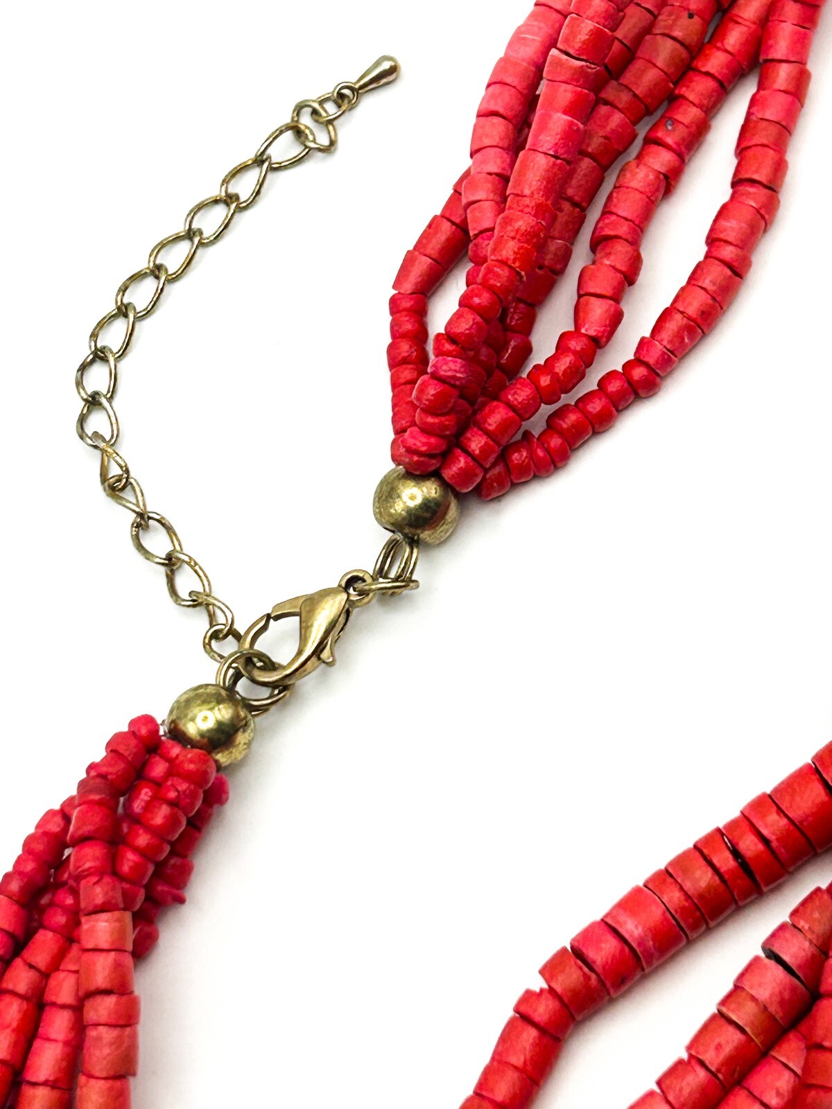 Red Dyed Organic Multi Strand Heishi Disc Beaded Necklace with Gold Tone Clasp