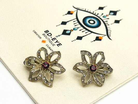 Vintage Gold Tone Flower Clip-On Earrings with Purple Pink Stone Centre
