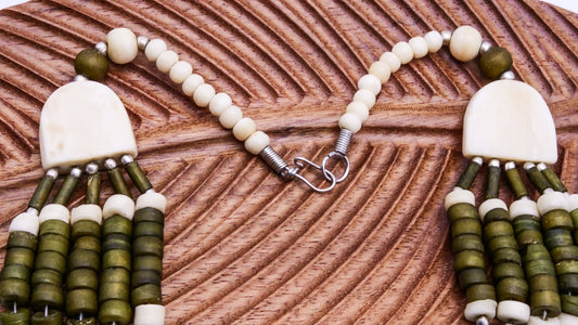 Vintage Boho Layered Bead Necklace - Green Cream Khaki Statement