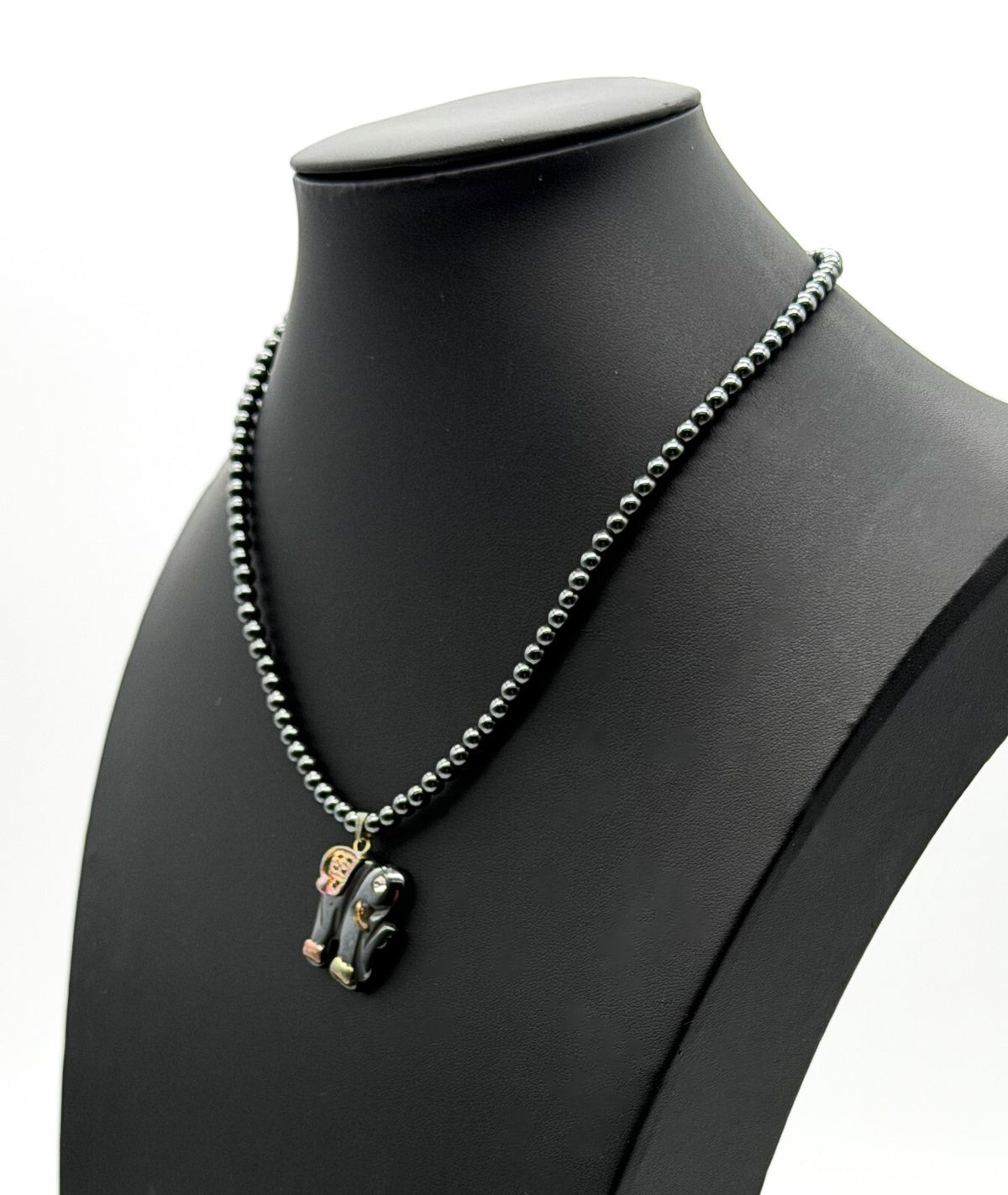 Hematite Bead Necklace with Elephant Pendant – 16.5”