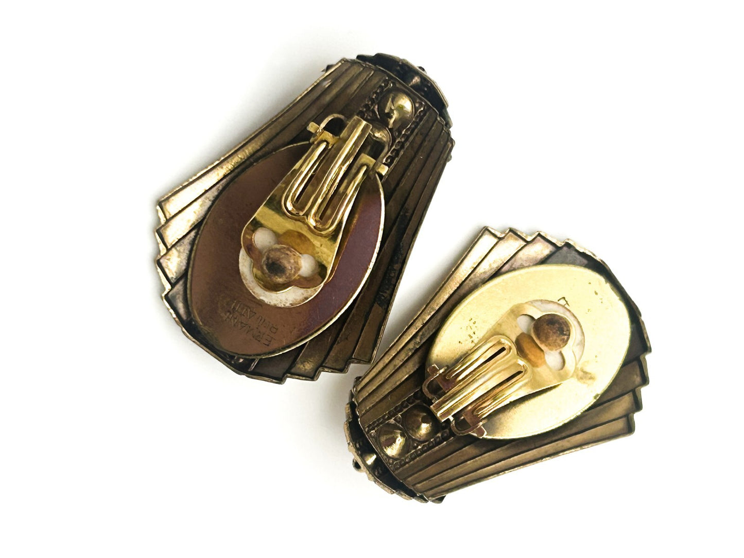 Signed ERMANI BULATTI Gold Tone Art Deco Style Fan Clip Earrings 1980s Vintage