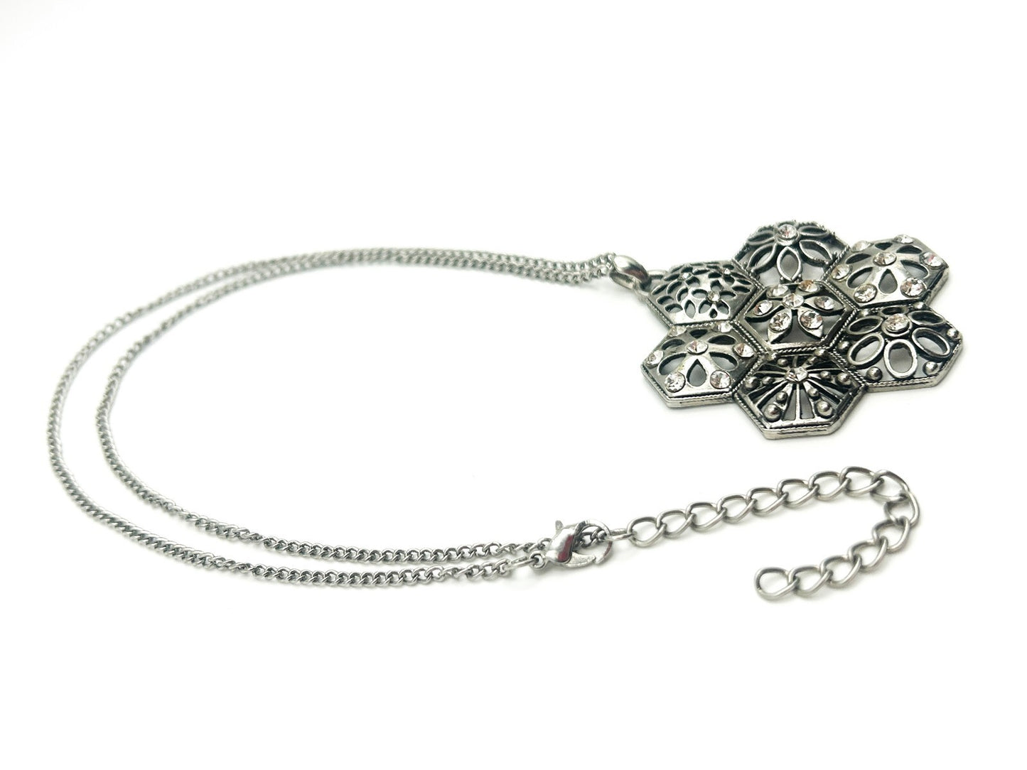 Vintage Silver Tone Hexagonal Floral Filigree Pendant Necklace