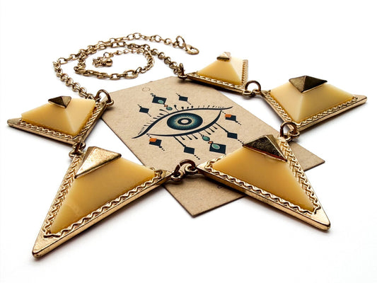 Geometric Pyramid Necklace Gold Cream Statement Modern Art Deco Style