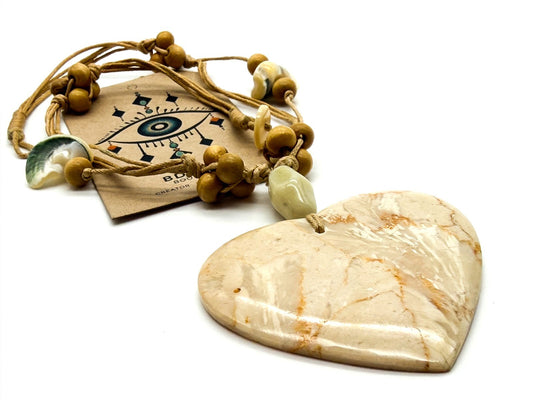 Large Cream Marble Stone Heart Pendant Necklace Multi Strand Cord 17”