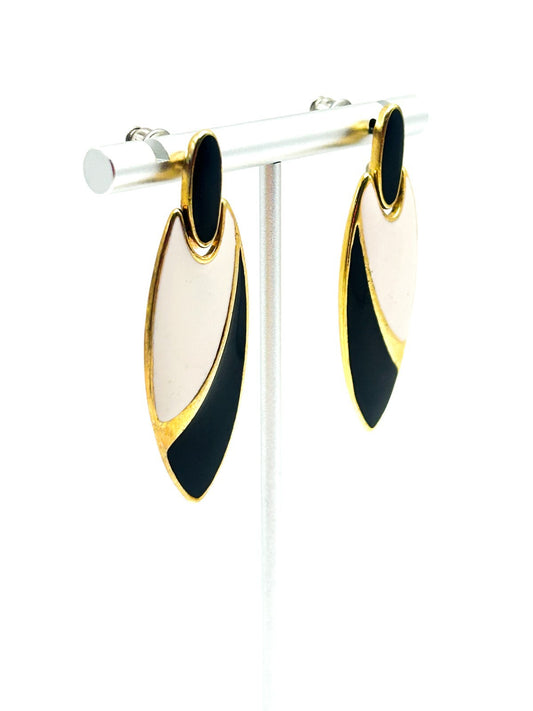 Vintage 1980s Gold Tone Black & White Enamel Marquise Articulated Drop Earrings