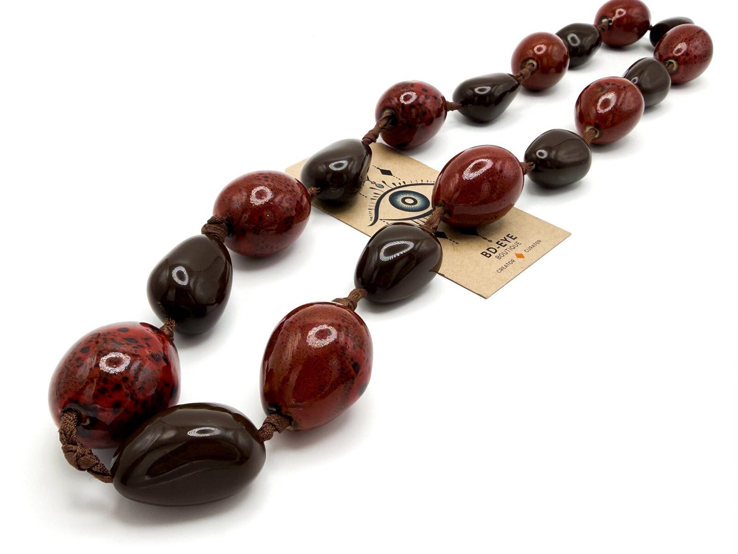 Chunky Red Ceramic & Brown Acrylic Long Statement Necklace – Heavy Cord Knotted
