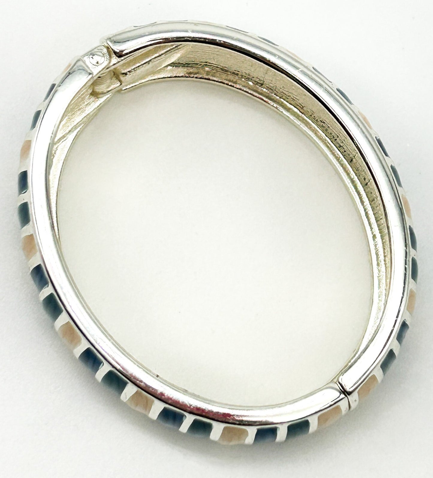 Vintage Y2K Blue Cream Enamel Clamper Chunky Bangle Silver Tone Bracelet Retro