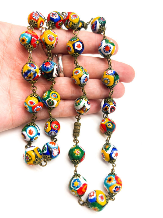 Vintage Murano Glass Millefiori Flower Multicoloured Necklace Floral Venetian