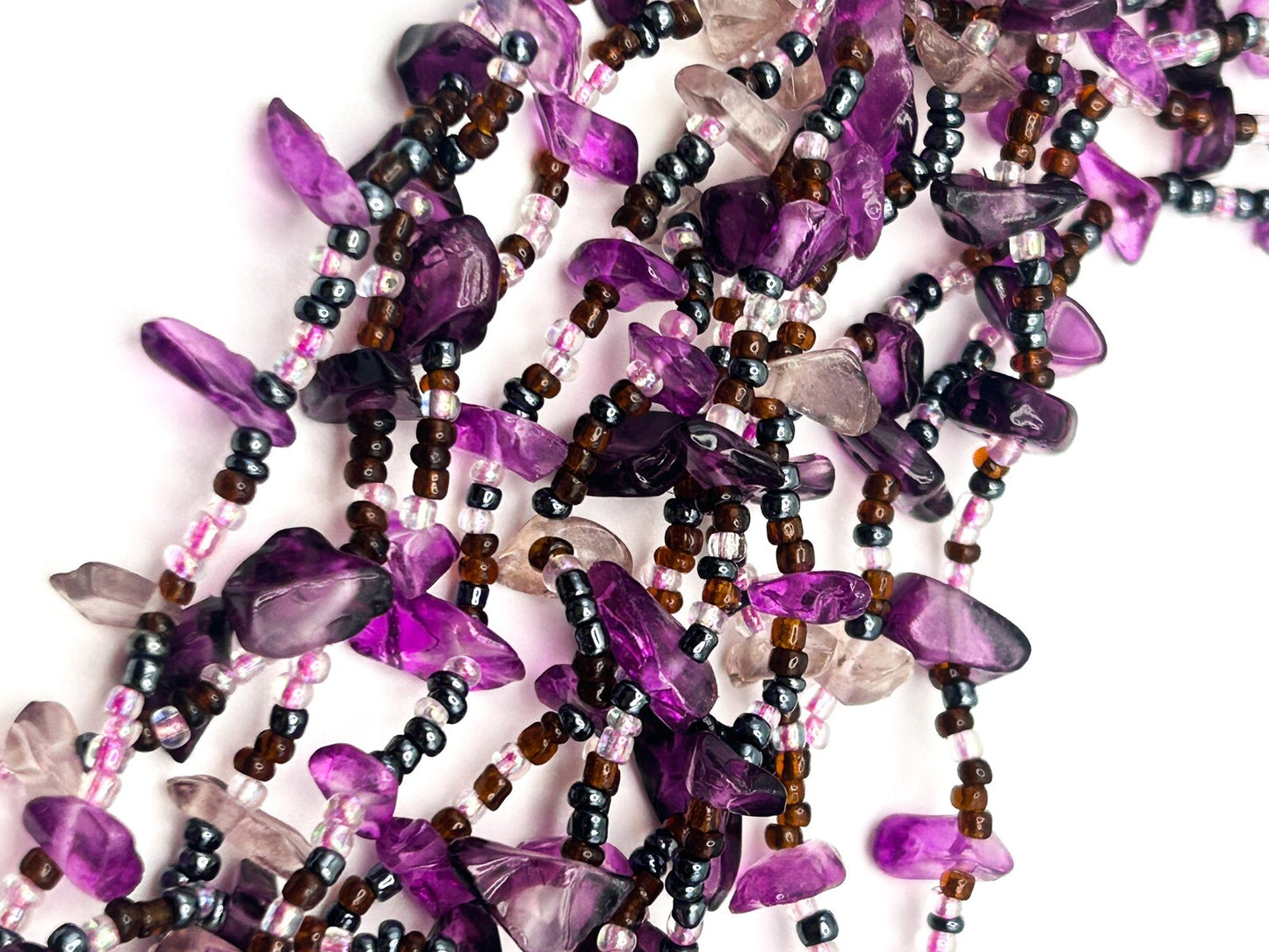 Vintage 11 Layer Amethyst, Quartz & Glass Beaded Purple Tones Statement Necklace
