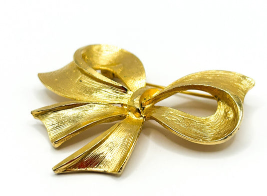 Vintage Gold Tone Bow Brooch Brushed Textured Ribbon Statement Pin 5cm