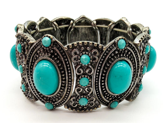 Ornate Faux Turquoise Stretch Cuff Bracelet Silver Tone Statement Boho Statement