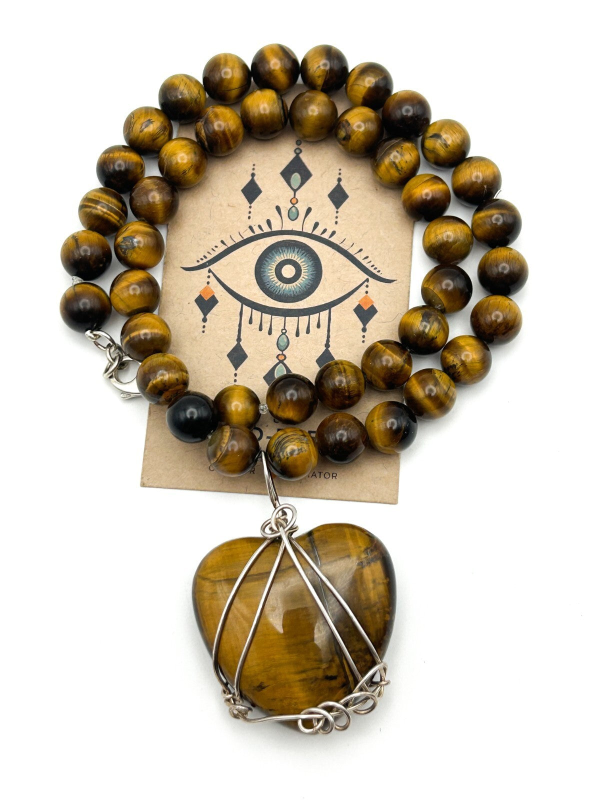 Tiger Eye Beaded Necklace Heart Pendant 925 Silver Clasp Wire Wrapped 17.5”