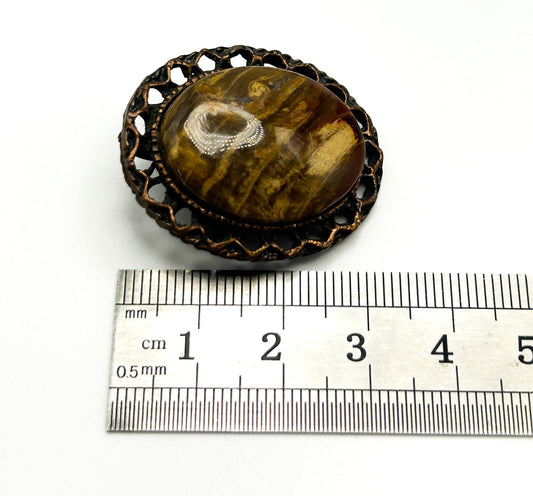 Vintage Picture Jasper Brooch Pendant Copper Tone Oval Cabochon Pin
