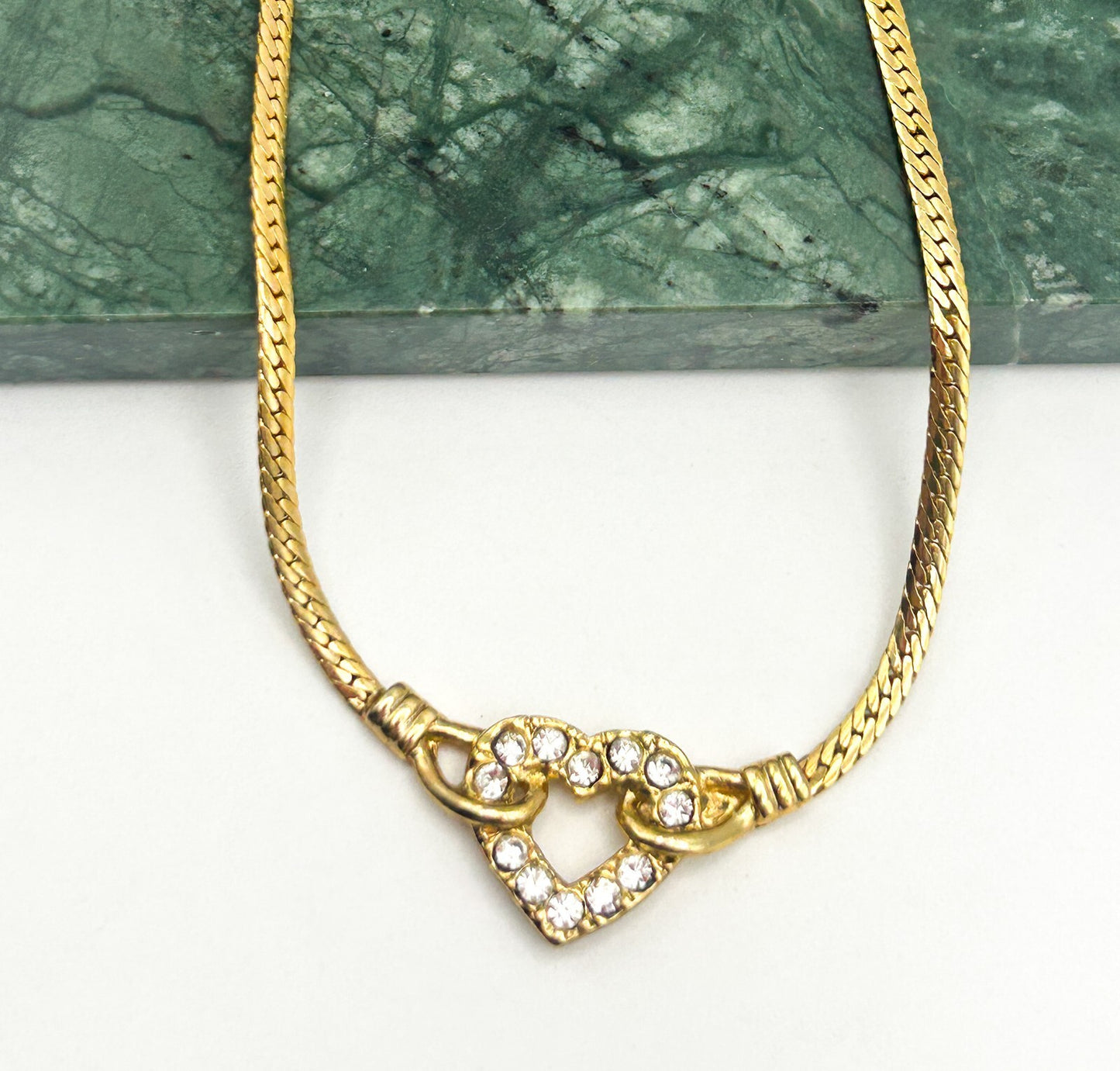 Gold Tone Herringbone Chain Necklace Small Heart Rhinestone Pendant 15”