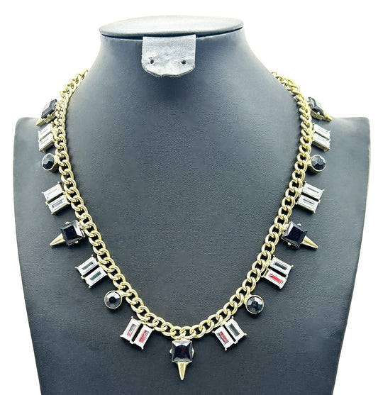 Gold Tone Curb Chain Necklace Black Clear Rhinestone Drop Charms Geometric 19”
