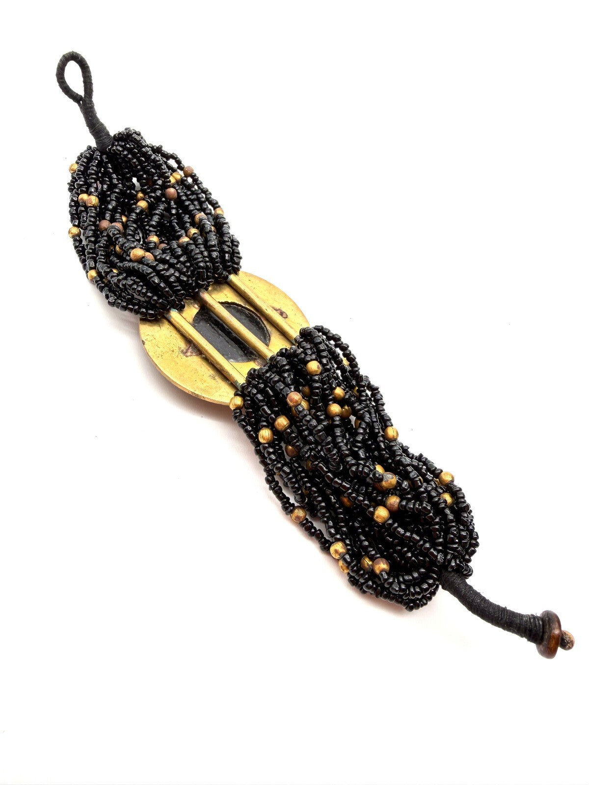 Vintage Chunky Black Seed Bead Bracelet Gold Tone Cabochon Statement Wide Cuff