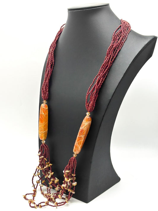 Red Multi-Strand Glass Seed Bead Necklace with Orange Drizzle Tube Beads Bogo