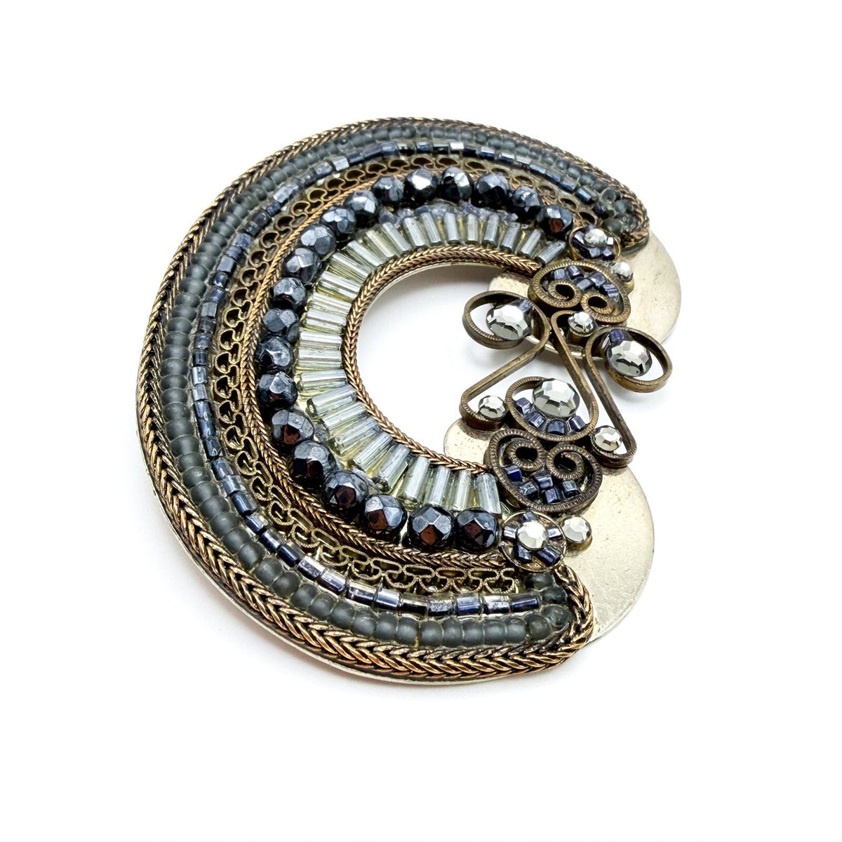 Signed Ayala Bar Brooch Baguette Rhinestone Curved Sconce Filigree Brooch