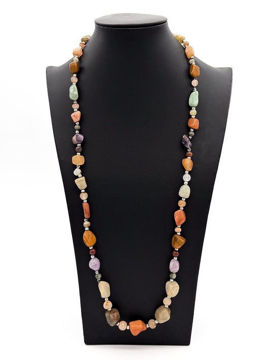 Vintage Mixed Gemstone Necklace Amethyst Citrine Jasper Quartz Nugget Strand 31”