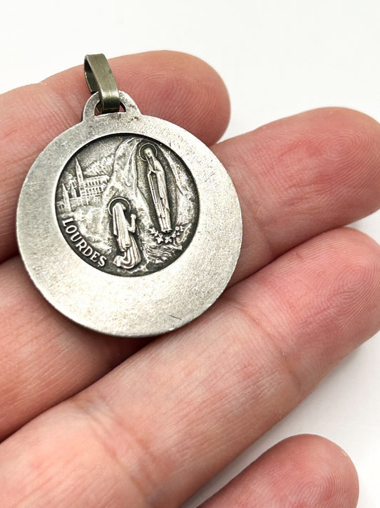 Vintage Our Lady Lourdes Medal Pendant Ave Maria Catholic Virgin Mary 2.5cm