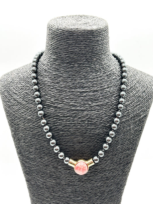 Vintage Hematite Pink Jade Necklace Hand Knotted Gemstone Beads Gold Tone 19”