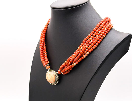 Multi Strand Red Coral Bead Necklace Ornate Oval Pendant 19 Inch Statement