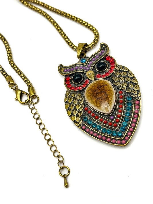 Large Whimsical Brass Boho Playful Owl Pendant Necklace on Gold Tone Chain