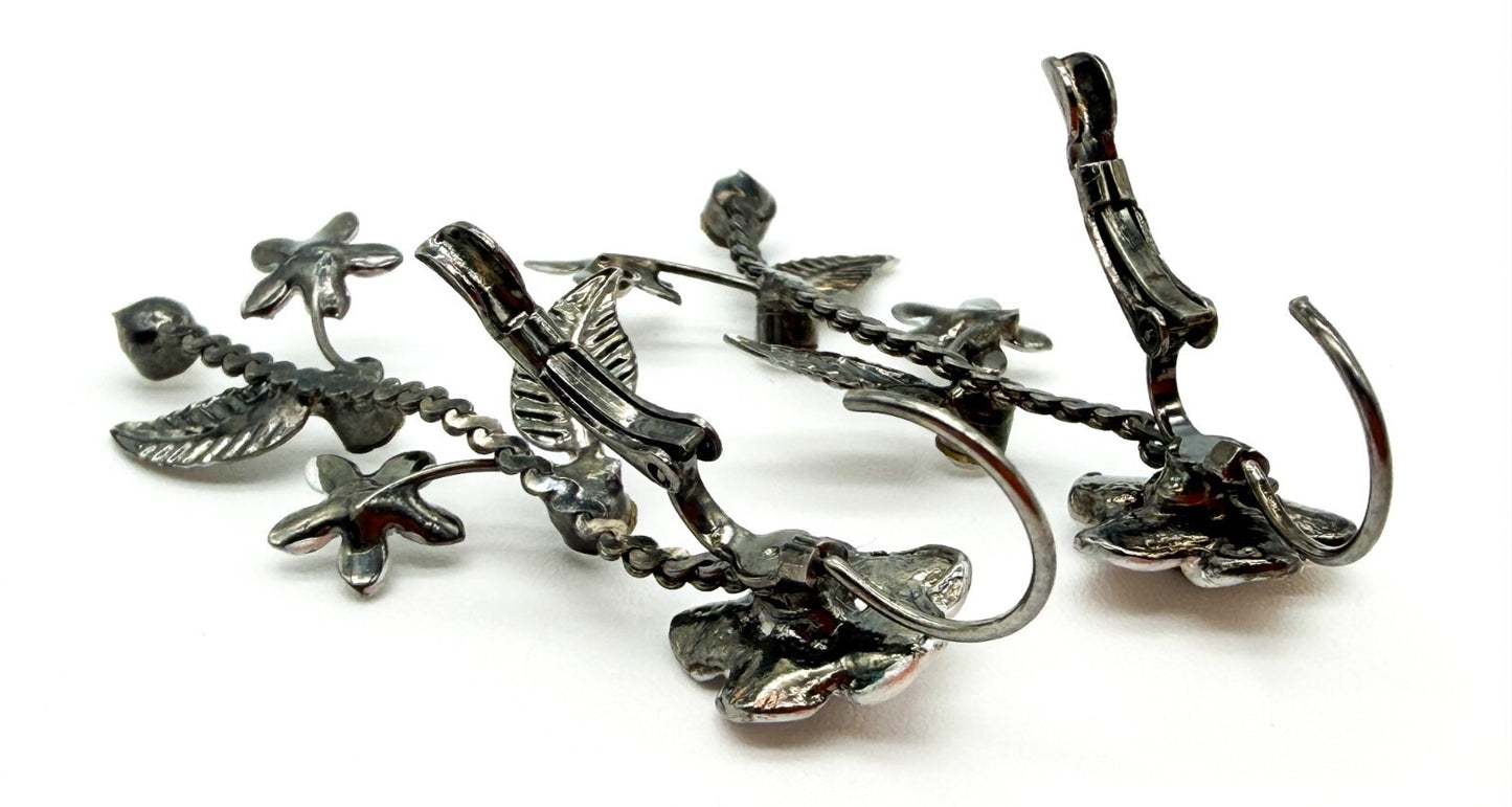 Y2K Floral Drop Earrings Silver Enamel Rhinestone Gunmetal Chain