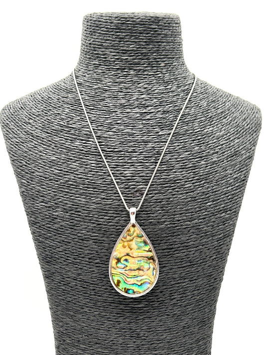 Large Abalone Shell Teardrop Pendant Necklace Snake Chain Silver Tone 17in