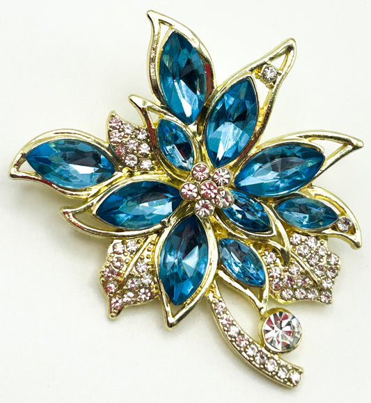 Blue Rhinestone Floral Brooch Bouquet Gold Tone Marquise Crystal Flower Pin