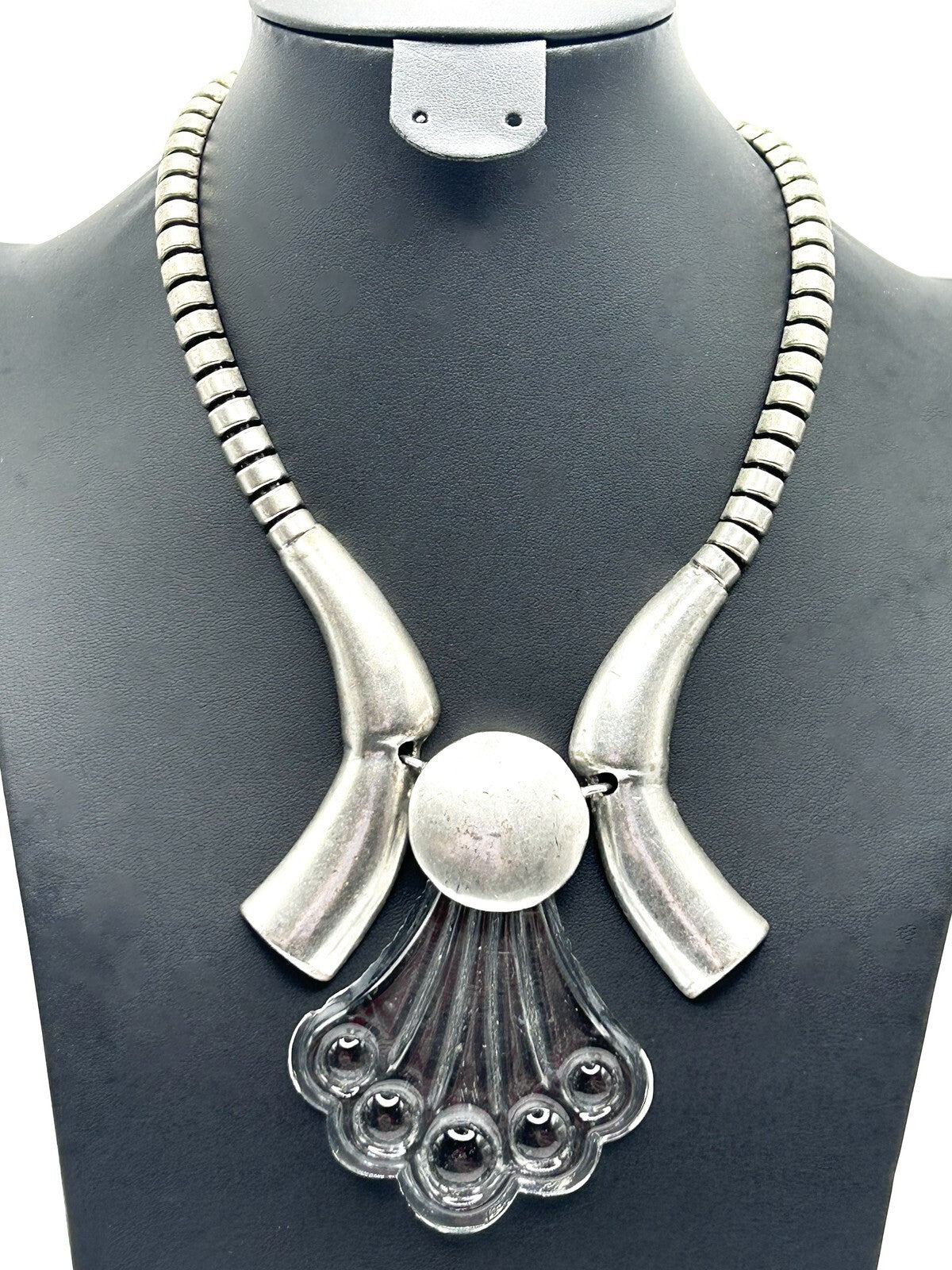Silver Tone Sculptural Necklace with Glass Pendant - Bold Statement